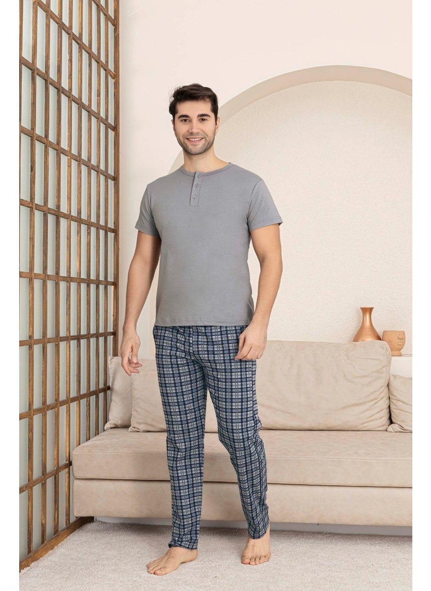 Bie's Men's Plaid Pattern 3 Buttoned Crew Neck Modal Summer Short Sleeve Pocket Pajama Set  - Image 1