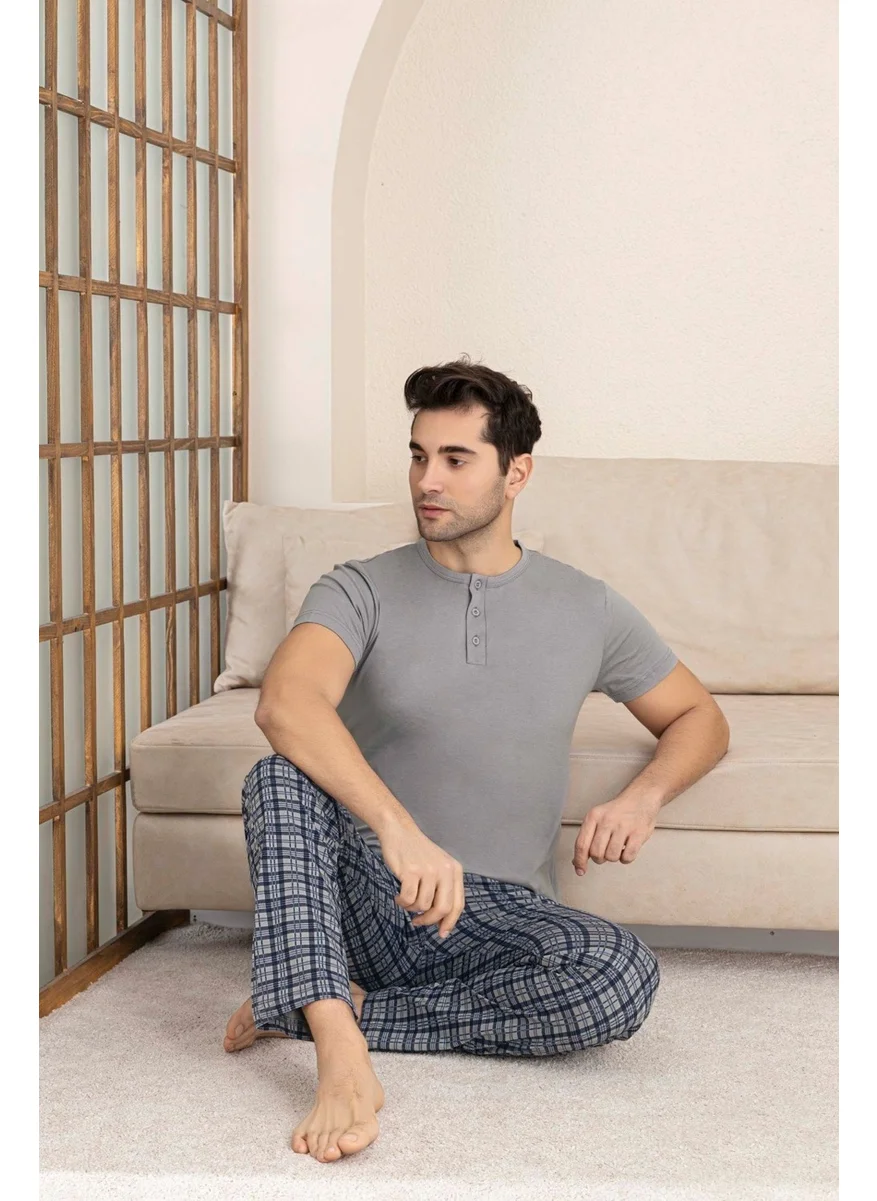 Bie'S Men's Plaid Pattern 3 Buttoned Crew Neck Modal Summer Short Sleeve Pocket Pajama Set