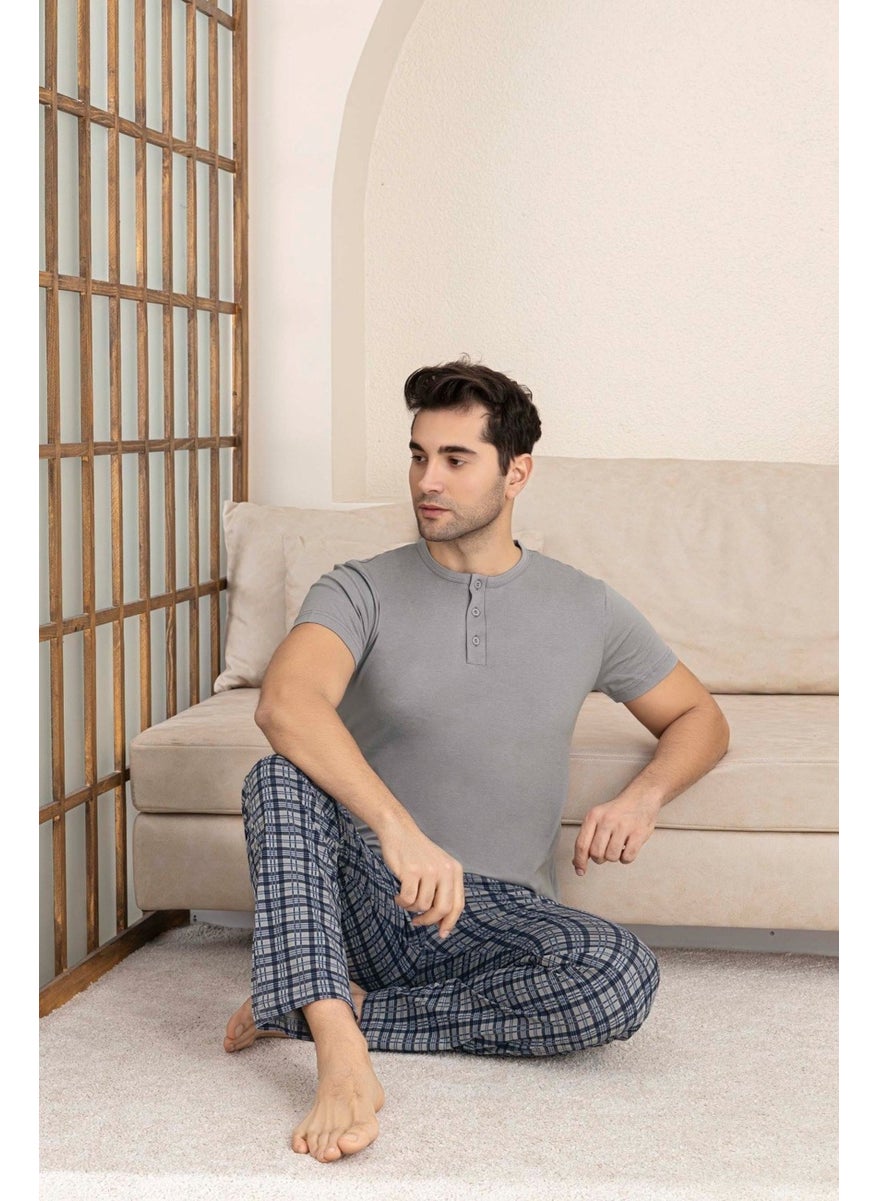 Bie's Men's Plaid Pattern 3 Buttoned Crew Neck Modal Summer Short Sleeve Pocket Pajama Set  - Image 2