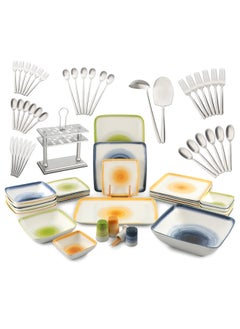 Life Smile LIFE SMILE Dinnerware Set 69 Pcs, 30 Pieces Fine Porcelain Dinner Set Square With 39 Pieces Pure Stainless Steel Cutlery Set Oven Safe Tableware Set | Dishwasher Safe dinner serving set for 6 Person  - Image 1