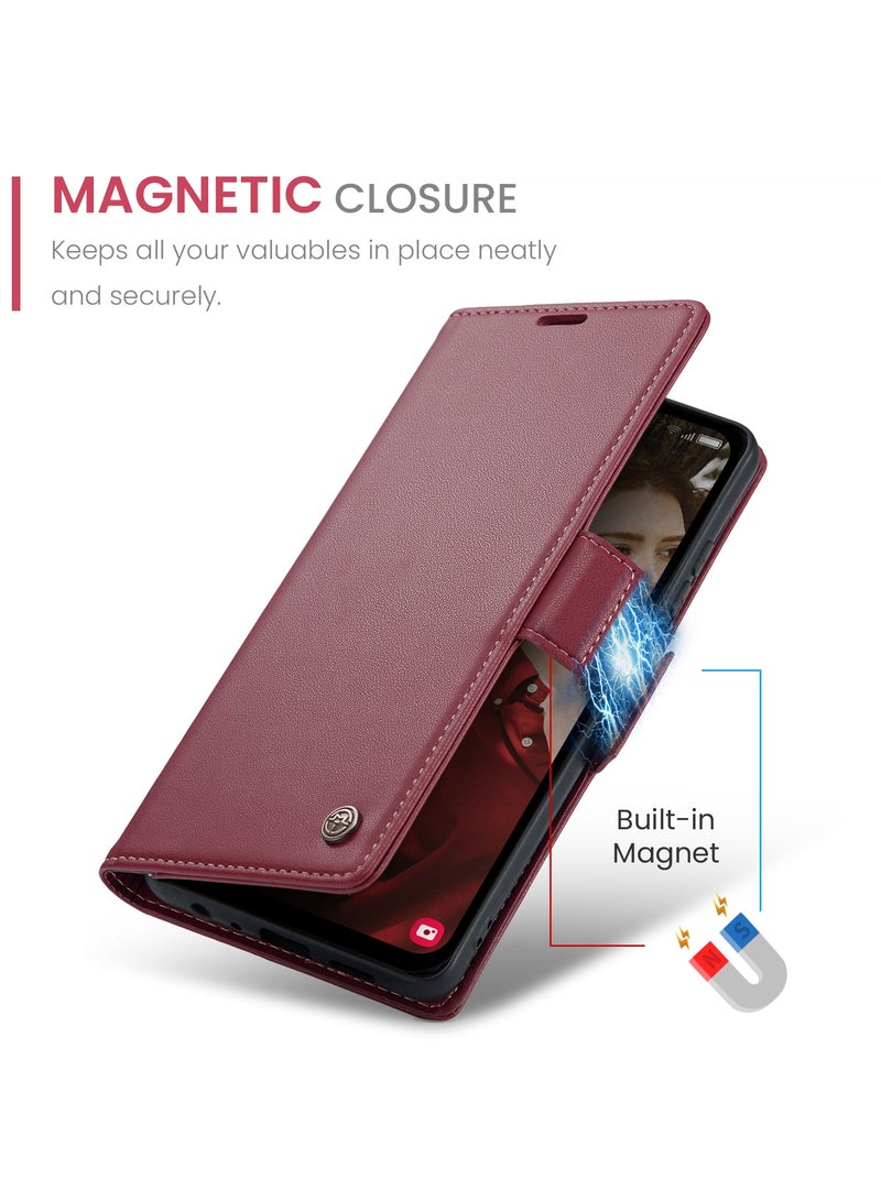 CaseMe Flip Wallet Case For Samsung Galaxy A15 4G/5G RFID Blocking PU Leather Wallet Flip Folio Case with Card Holder Kickstand Shockproof Phone Cover - Red - Image 4