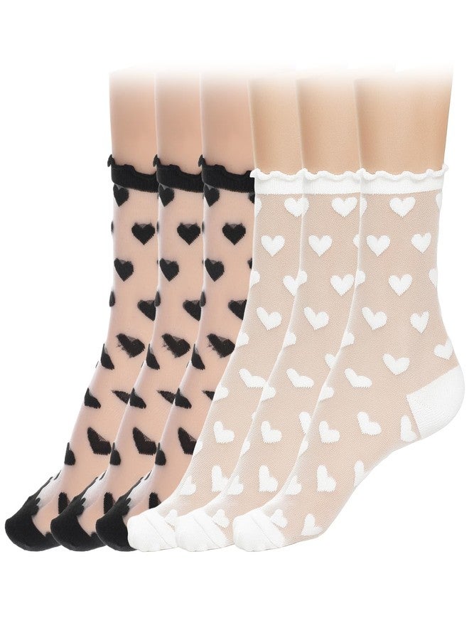 جوارب لاريل الشفافة، 6 أزواج، جوارب كاحل دانتيل على شكل قلب، جوارب شبكية من النايلون، جوارب كاحل مكشكشة، جوارب رقيقة شفافة مزينة بالدانتيل، جوارب نسائية صيفية بدون كعب، جوارب طويلة، فساتين، سراويل (أبيض، أسود) - Image 1