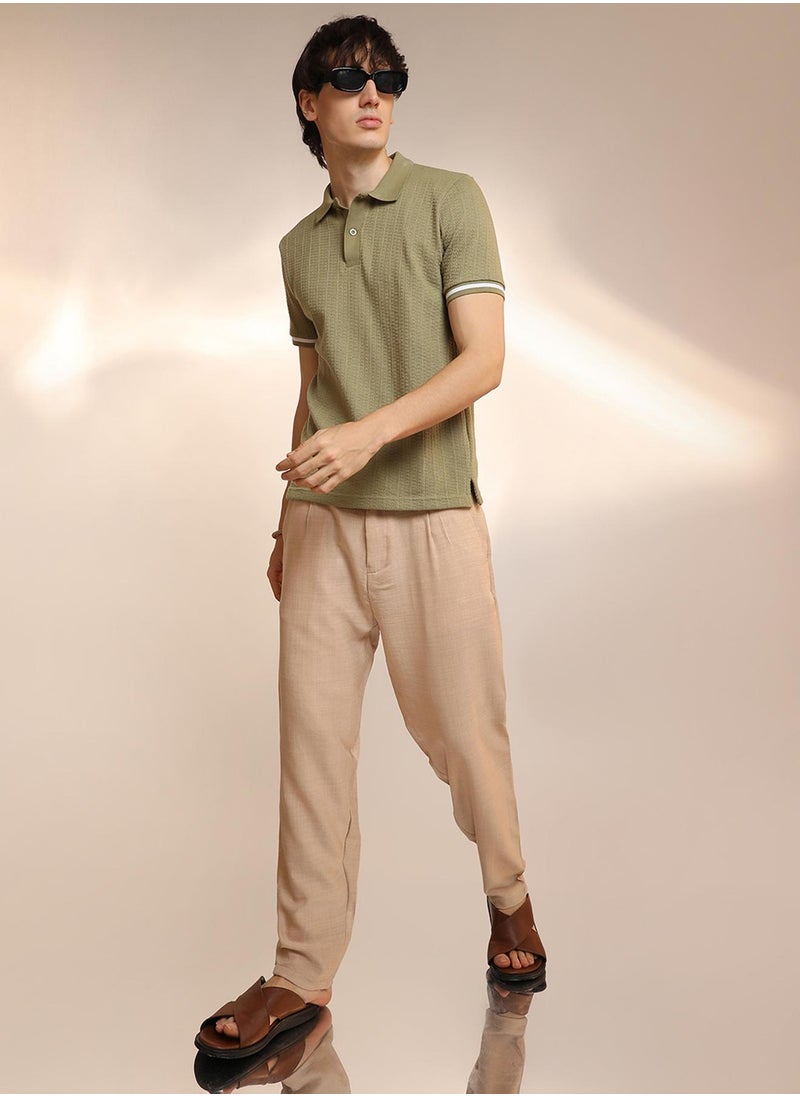 Campus Sutra Men's Olive Green Textured Polo T-Shirt  - Image 5