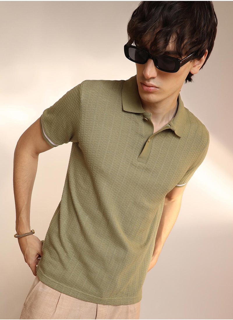 Campus Sutra Men's Olive Green Textured Polo T-Shirt  - Image 1