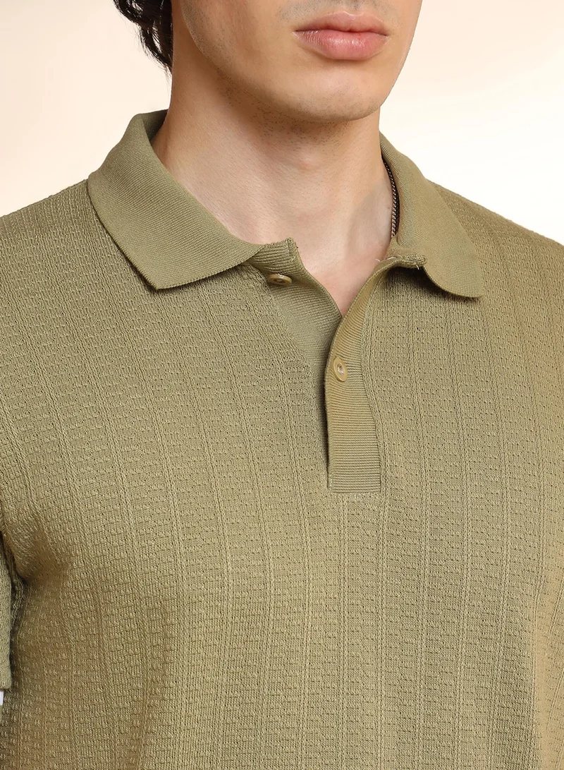 كامبوس سوترا Men's Olive Green Textured Polo T-Shirt