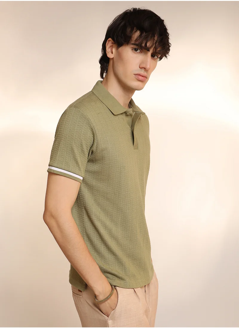 كامبوس سوترا Men's Olive Green Textured Polo T-Shirt