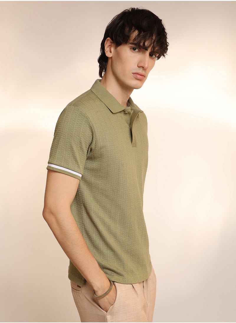 Campus Sutra Men's Olive Green Textured Polo T-Shirt  - Image 2
