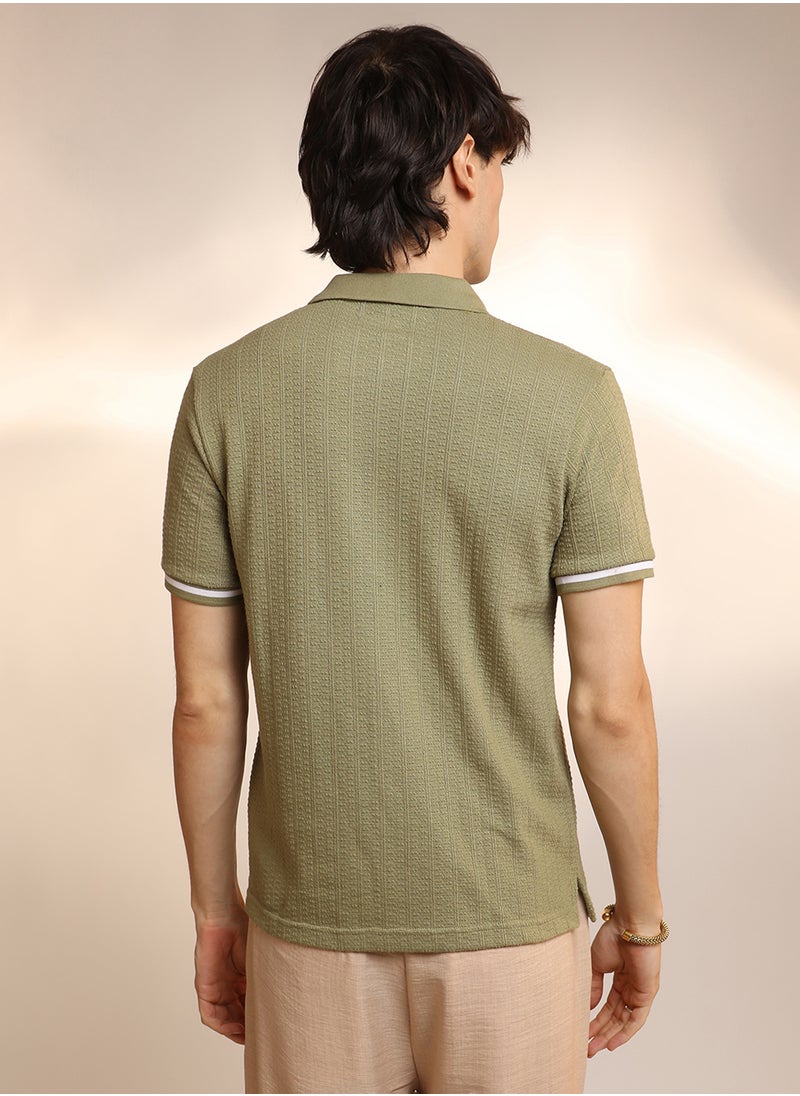 Campus Sutra Men's Olive Green Textured Polo T-Shirt  - Image 3