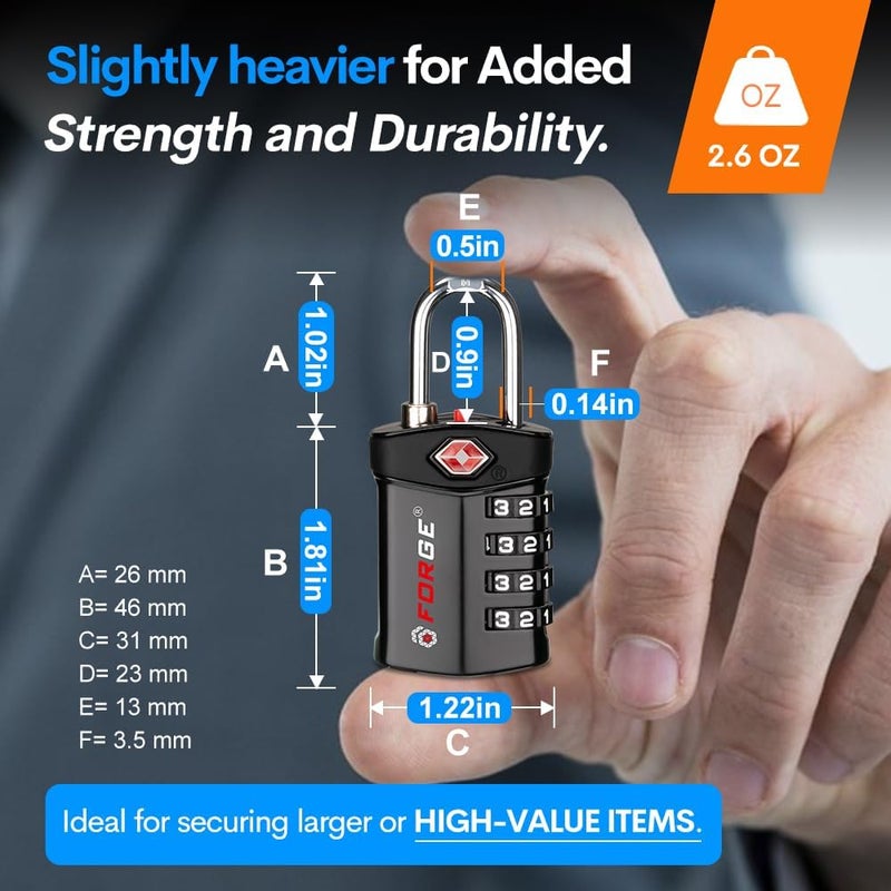 Forge TSA Approved Luggage Locks for Air Travel, Gym Lockers, School Lockers, Pelican Cases, Easy Read Dials, Durable Alloy Body, Black 6 Pack. - Image 3