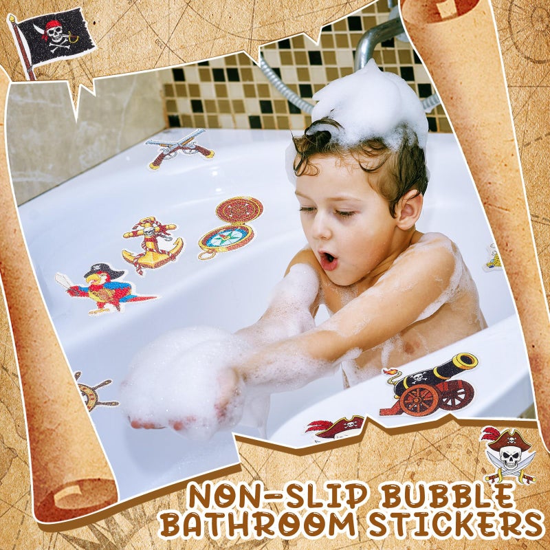 Fullhawl 30 Pcs Pirate Non Slip Bathtub Stickers Colorful Pirate Anti Slip Shower Stickers Shower Floor Nonslip Sticker Applique Adhesive Decals Treads with Scraper for Bathtub Bathroom Floor - Image 4