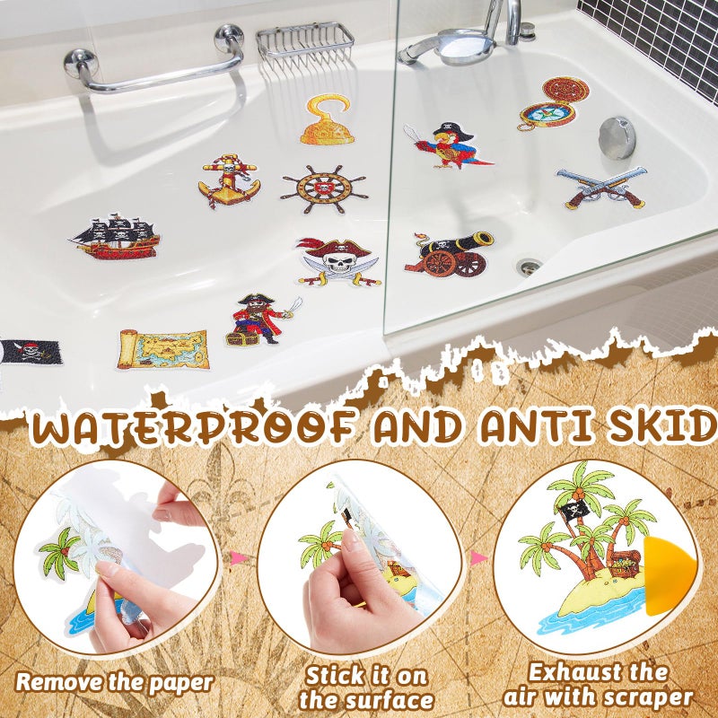 Fullhawl 30 Pcs Pirate Non Slip Bathtub Stickers Colorful Pirate Anti Slip Shower Stickers Shower Floor Nonslip Sticker Applique Adhesive Decals Treads with Scraper for Bathtub Bathroom Floor - Image 3