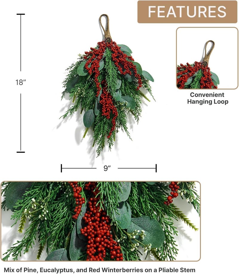 LampLust Winter Swag for Front Door, 18 Inch Greenery Swag with Eucalyptus and Red Berry, Teardrop Swags for Decorating, Floral Swags for Winter Wedding Decor, Wall & Window Decor, Front Door Swag - Image 4