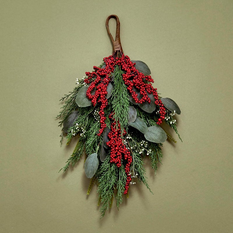 LampLust Winter Swag for Front Door, 18 Inch Greenery Swag with Eucalyptus and Red Berry, Teardrop Swags for Decorating, Floral Swags for Winter Wedding Decor, Wall & Window Decor, Front Door Swag - Image 1