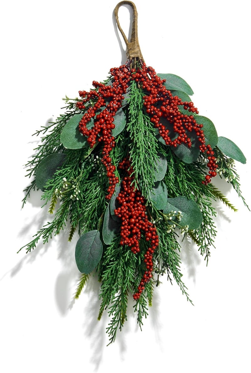 LampLust Winter Swag for Front Door, 18 Inch Greenery Swag with Eucalyptus and Red Berry, Teardrop Swags for Decorating, Floral Swags for Winter Wedding Decor, Wall & Window Decor, Front Door Swag - Image 2