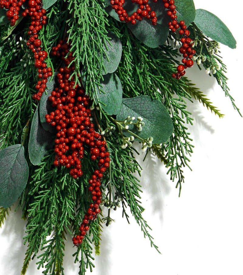 LampLust Winter Swag for Front Door, 18 Inch Greenery Swag with Eucalyptus and Red Berry, Teardrop Swags for Decorating, Floral Swags for Winter Wedding Decor, Wall & Window Decor, Front Door Swag - Image 3