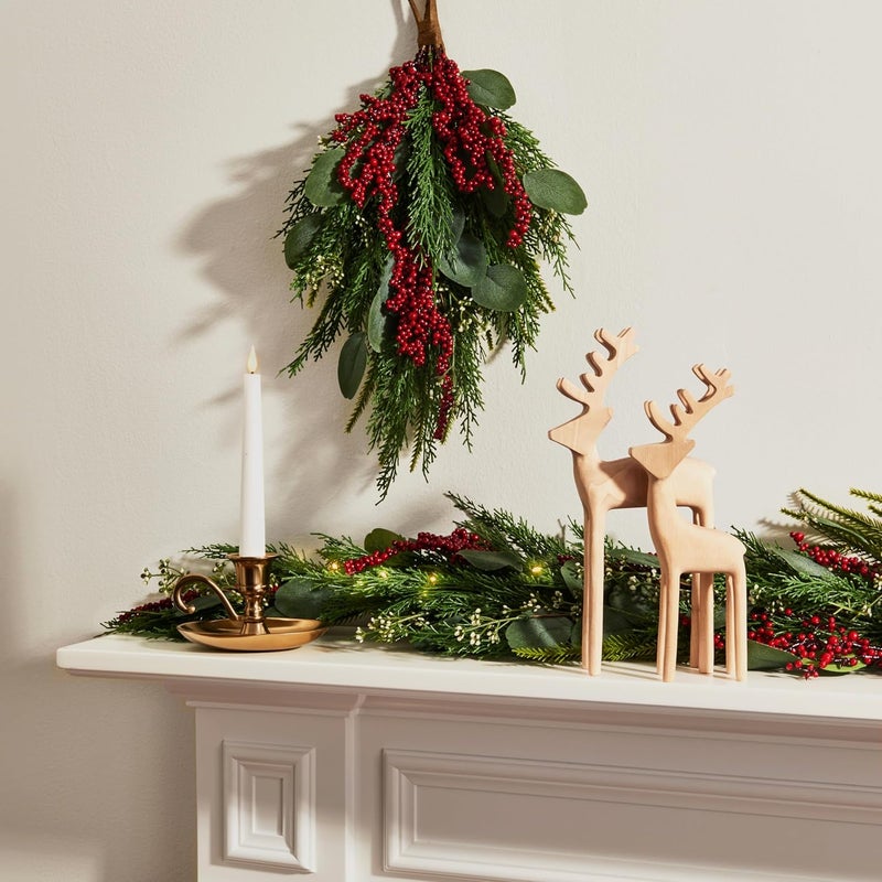 LampLust Winter Swag for Front Door, 18 Inch Greenery Swag with Eucalyptus and Red Berry, Teardrop Swags for Decorating, Floral Swags for Winter Wedding Decor, Wall & Window Decor, Front Door Swag - Image 5