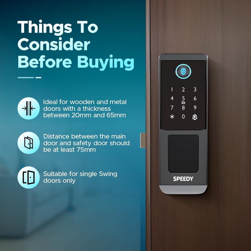Speedy DRL-02 Wi-Fi Rim Lock for Internal Doors | Smart Door Lock | App, Fingerprint, PIN, RFID Card & Emergency Key | Free Installation | Door Thickness Should be Between: 20-65mm - Image 3