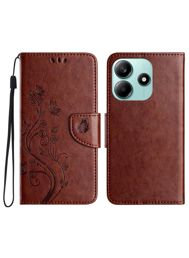 جراب هاتف جلدي قابل للطي بنمط زهرة الفراشة لهاتف Redmi Note 14 5G (بني)