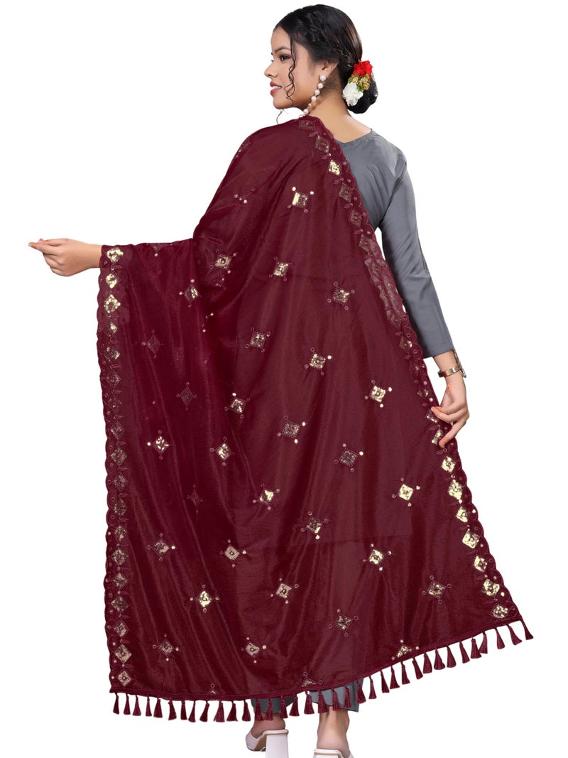 KEMZA Organza Embroidered Mirror Work Dupatta with Lace & Tassels Border for Women & Girls (Maroon, Free size) - Image 4