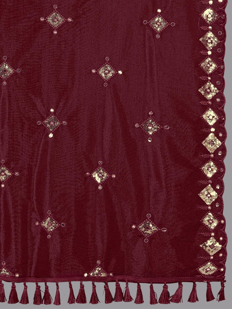 KEMZA Organza Embroidered Mirror Work Dupatta with Lace & Tassels Border for Women & Girls (Maroon, Free size) - Image 5