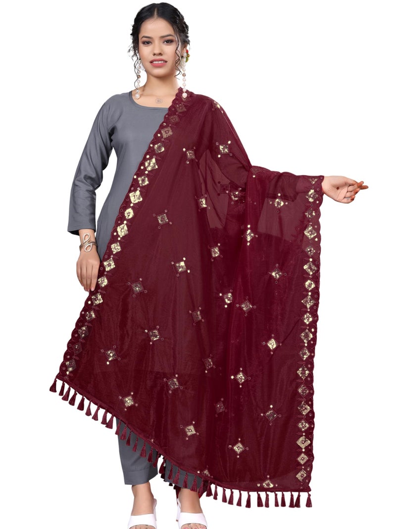 KEMZA Organza Embroidered Mirror Work Dupatta with Lace & Tassels Border for Women & Girls (Maroon, Free size) - Image 1