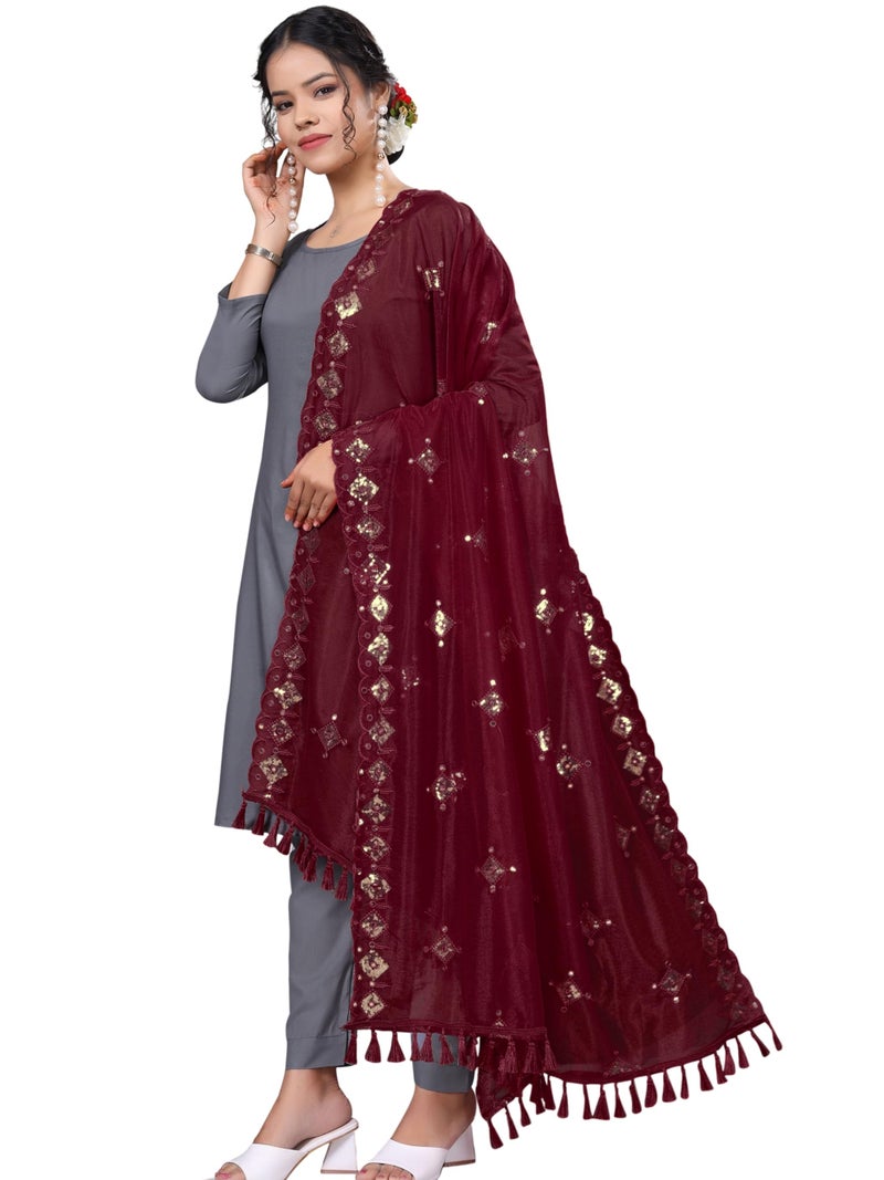 KEMZA Organza Embroidered Mirror Work Dupatta with Lace & Tassels Border for Women & Girls (Maroon, Free size) - Image 3