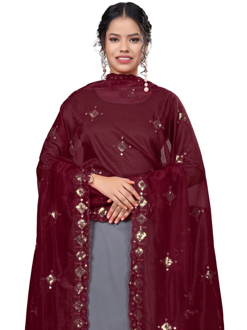 KEMZA Organza Embroidered Mirror Work Dupatta with Lace & Tassels Border for Women & Girls (Maroon, Free size) - Image 2