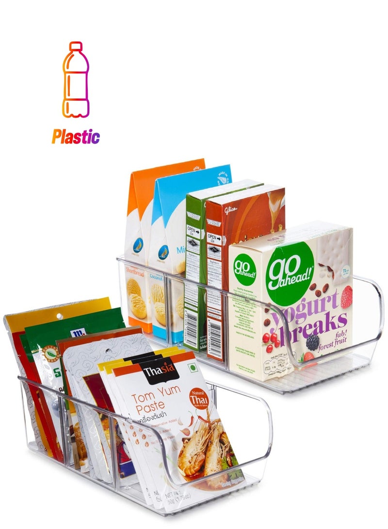 MIXDE 2 Pack Food Packet Organizer Bins, Plastic Clear Pantry Bins for Holding Seasoning Packets, Spice Packets, Pouches, Snacks in Kitchen, Cabinets or Countertop, with 2 Removable Dividers  - Image 1