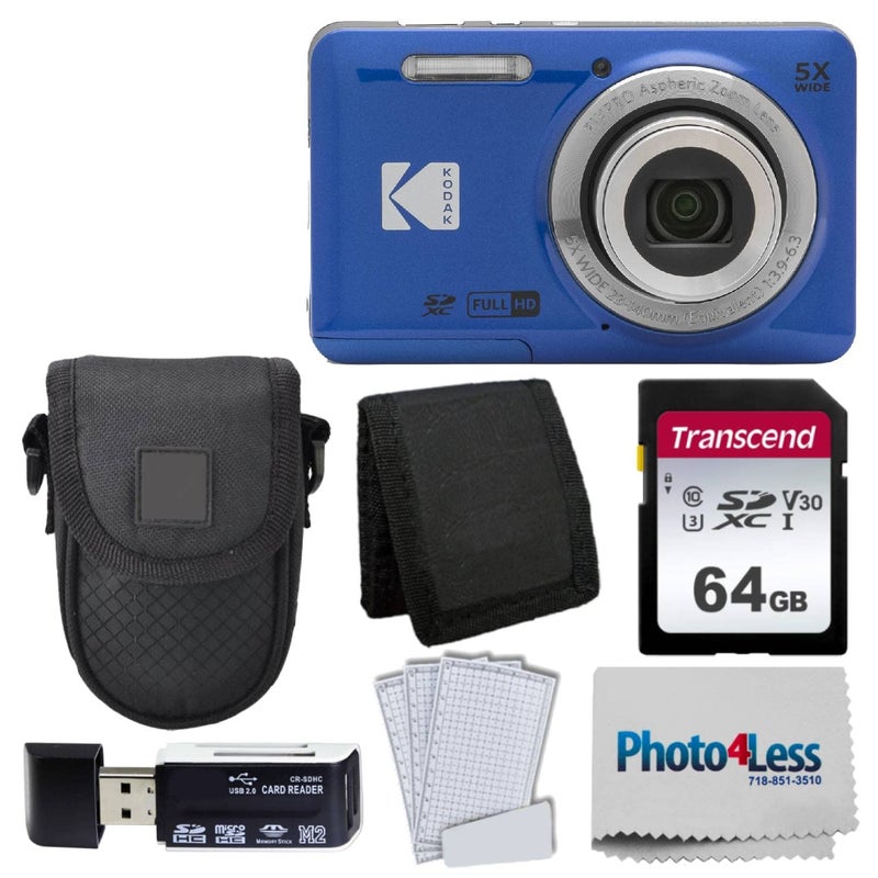 Photo4Less Kodak PIXPRO FZ55 Digital Camera (Blue) + Black Point & Shoot Camera Case + Transcend 64GB SD Memory Card + Tri-fold Memory Card Wallet + Hi-Speed SD USB Card Reader + More! - Image 1