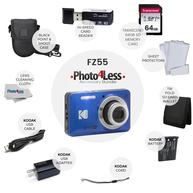 Photo4Less Kodak PIXPRO FZ55 Digital Camera (Blue) + Black Point & Shoot Camera Case + Transcend 64GB SD Memory Card + Tri-fold Memory Card Wallet + Hi-Speed SD USB Card Reader + More! - Image 2