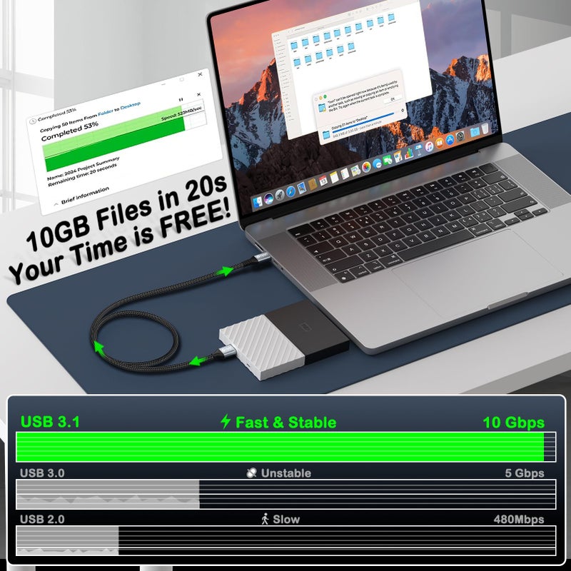 Green JissÂ® 10 Gbps Micro B to USB C Cable, 1ft 1.5ft 3ft 6ft 10ft Gold-Plated External Hard Drive Cable, Heavy Duty USB C to Micro B Short Cables, for iPhone 17/16/15, WD Seagate, MacBook Pro/Air-1ft - Image 4