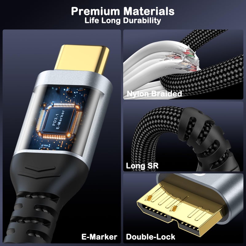 Green JissÂ® 10 Gbps Micro B to USB C Cable, 1ft 1.5ft 3ft 6ft 10ft Gold-Plated External Hard Drive Cable, Heavy Duty USB C to Micro B Short Cables, for iPhone 17/16/15, WD Seagate, MacBook Pro/Air-1ft - Image 5