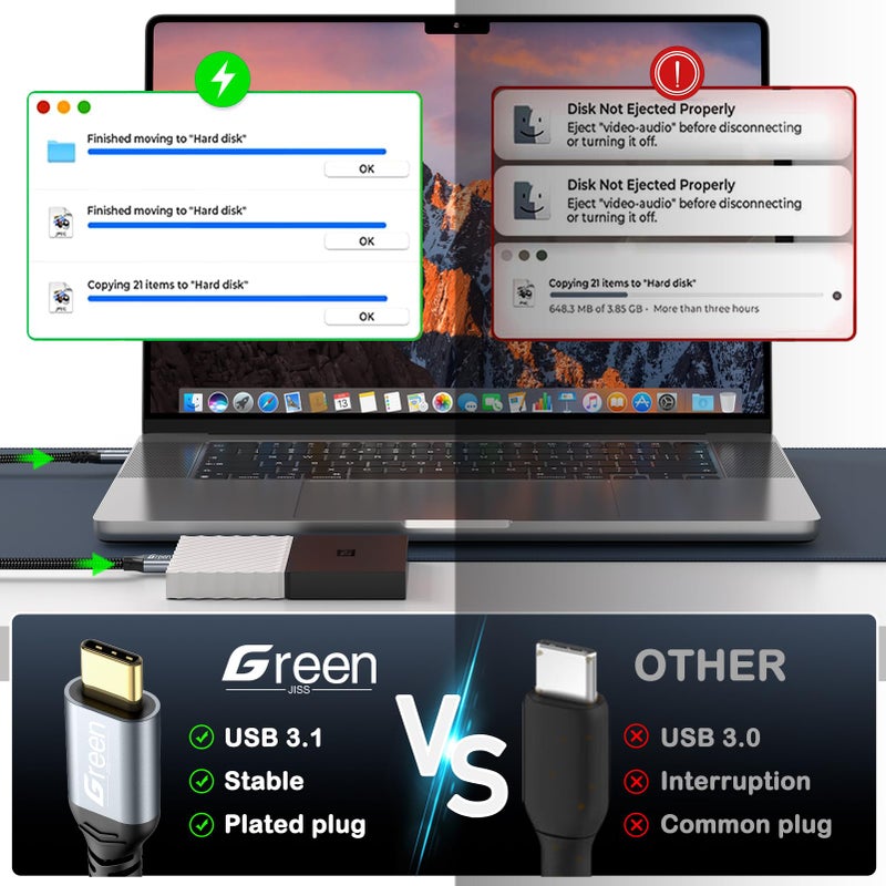 Green JissÂ® 10 Gbps Micro B to USB C Cable, 1ft 1.5ft 3ft 6ft 10ft Gold-Plated External Hard Drive Cable, Heavy Duty USB C to Micro B Short Cables, for iPhone 17/16/15, WD Seagate, MacBook Pro/Air-1ft - Image 3