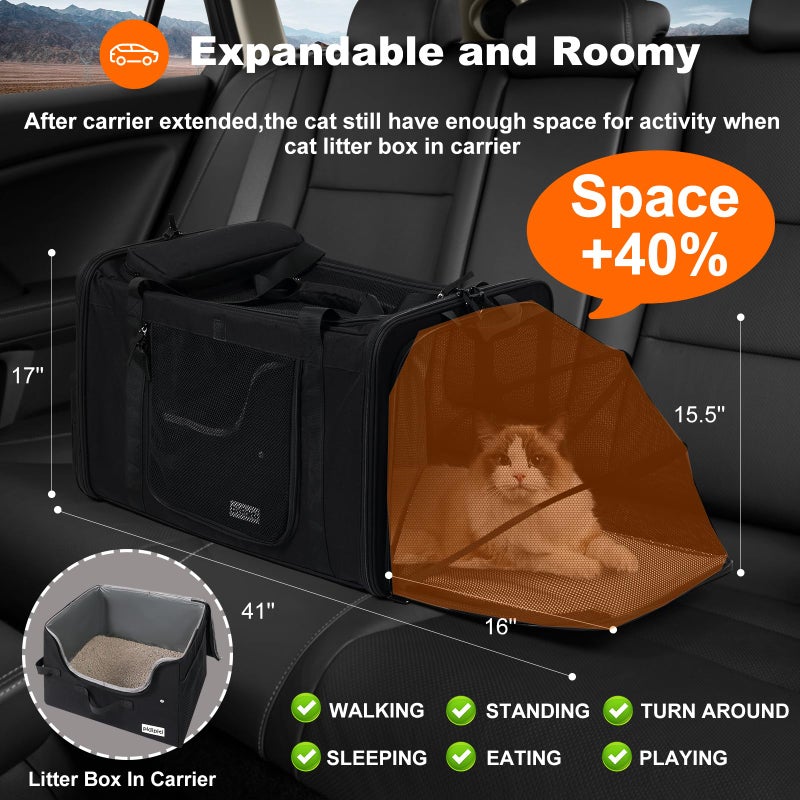 pidipiti 25''(L) x 17''(W) x 17''(H) Extra Large Expandable cat Carrier for car Travel,Soft Crate for 1 Large / 2 Medium Cats up to 35 lbs,Long Road Trip cage with a Leakproof Portable Litter Box - Image 3