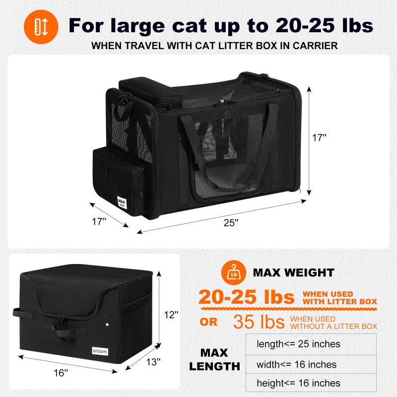 pidipiti 25''(L) x 17''(W) x 17''(H) Extra Large Expandable cat Carrier for car Travel,Soft Crate for 1 Large / 2 Medium Cats up to 35 lbs,Long Road Trip cage with a Leakproof Portable Litter Box - Image 2