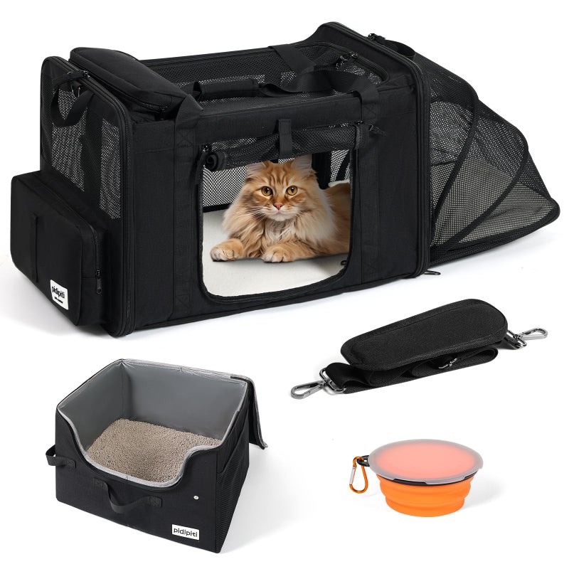 pidipiti 25''(L) x 17''(W) x 17''(H) Extra Large Expandable cat Carrier for car Travel,Soft Crate for 1 Large / 2 Medium Cats up to 35 lbs,Long Road Trip cage with a Leakproof Portable Litter Box - Image 1