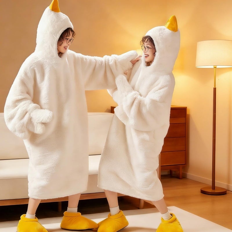 BXEBUI Goose Blanket Hoodie Onesie, Fleece Oversized Wearable Blanket Hoodie with Sleeves and Goose Feet Slippers,M-Height <5 '1" (White, M) - Image 3