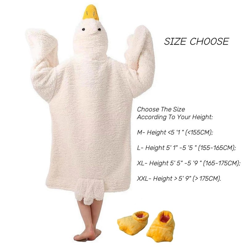 BXEBUI Goose Blanket Hoodie Onesie, Fleece Oversized Wearable Blanket Hoodie with Sleeves and Goose Feet Slippers,M-Height <5 '1" (White, M) - Image 2