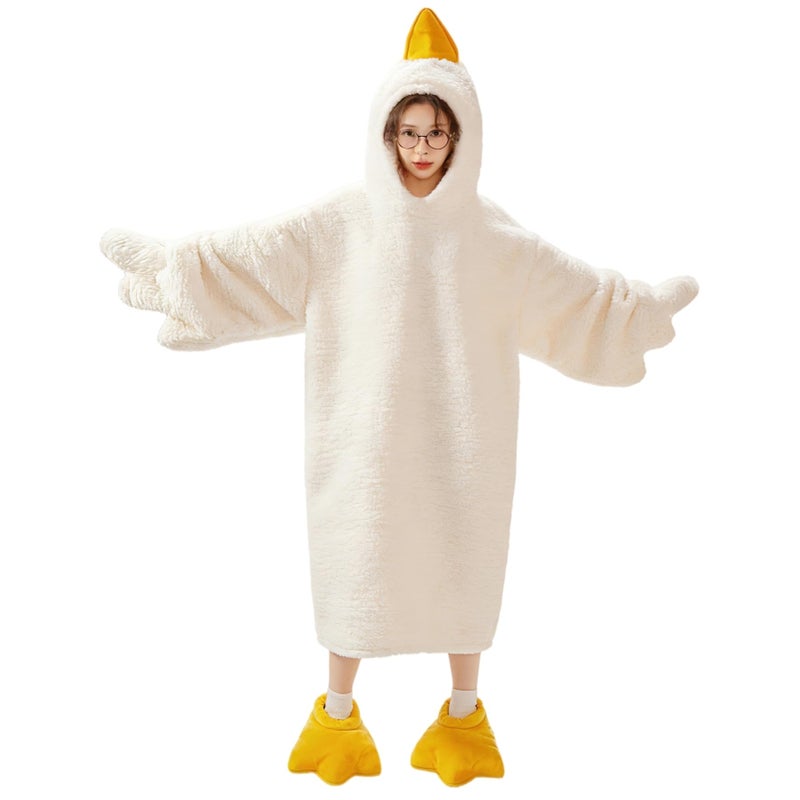 BXEBUI Goose Blanket Hoodie Onesie, Fleece Oversized Wearable Blanket Hoodie with Sleeves and Goose Feet Slippers,M-Height <5 '1" (White, M) - Image 1