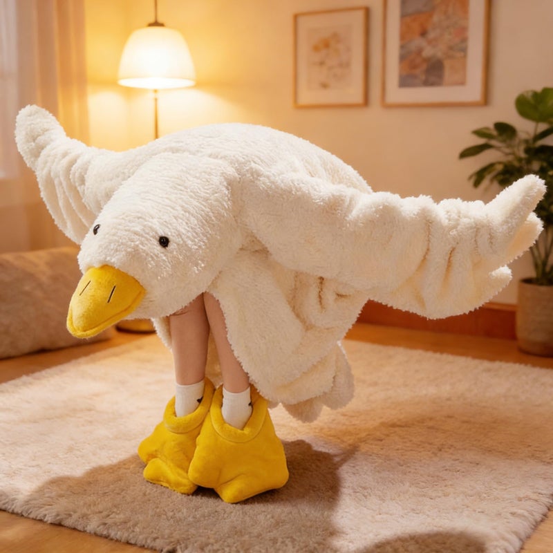 BXEBUI Goose Blanket Hoodie Onesie, Fleece Oversized Wearable Blanket Hoodie with Sleeves and Goose Feet Slippers,M-Height <5 '1" (White, M) - Image 4