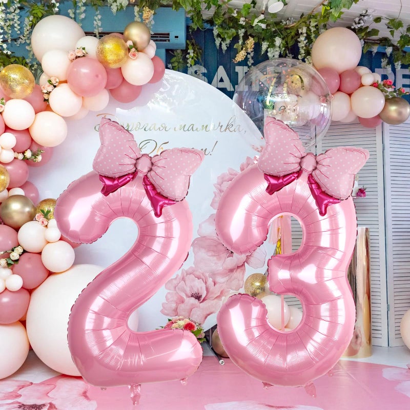 LEBERY Pink Bow Balloons 40 Inch Pink Number 2 Balloon Jumbo Number 2 Birthday Balloons for Girls, Mini Bowtie Foil Balloon for Princess Cowgirl Mouse Themed 2nd Birthday Baby Shower Decorations - Image 4