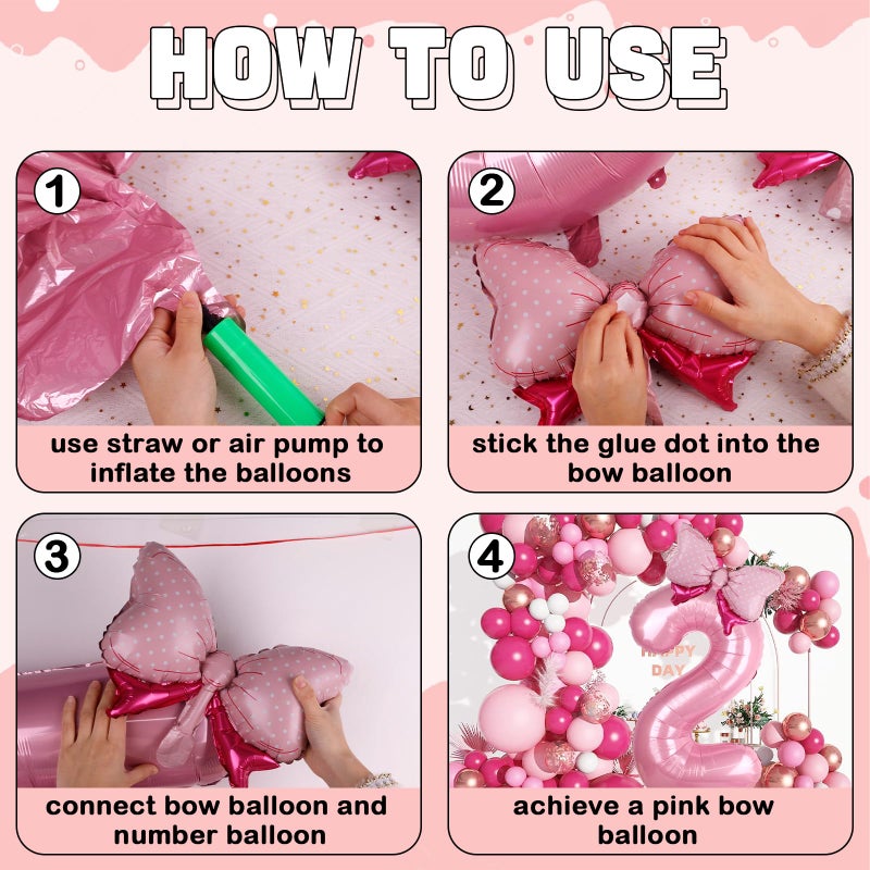 LEBERY Pink Bow Balloons 40 Inch Pink Number 2 Balloon Jumbo Number 2 Birthday Balloons for Girls, Mini Bowtie Foil Balloon for Princess Cowgirl Mouse Themed 2nd Birthday Baby Shower Decorations - Image 5