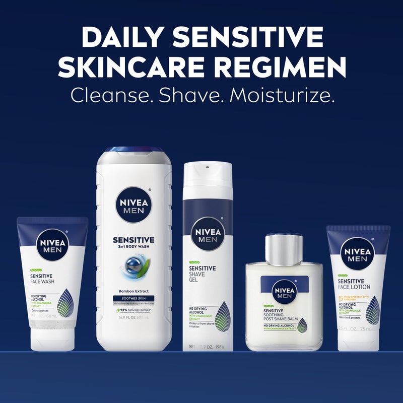 NIVEA MEN Sensitive Skin Care Set for Men, Face Wash, 5 Fl Oz + Body Wash, 16.9 Fl Oz + Shave Gel, 7 Oz + Soothing Post Shave Balm, 3.3 Fl Oz + Face Lotion SPF 15, 2.5 Fl Oz - Image 3