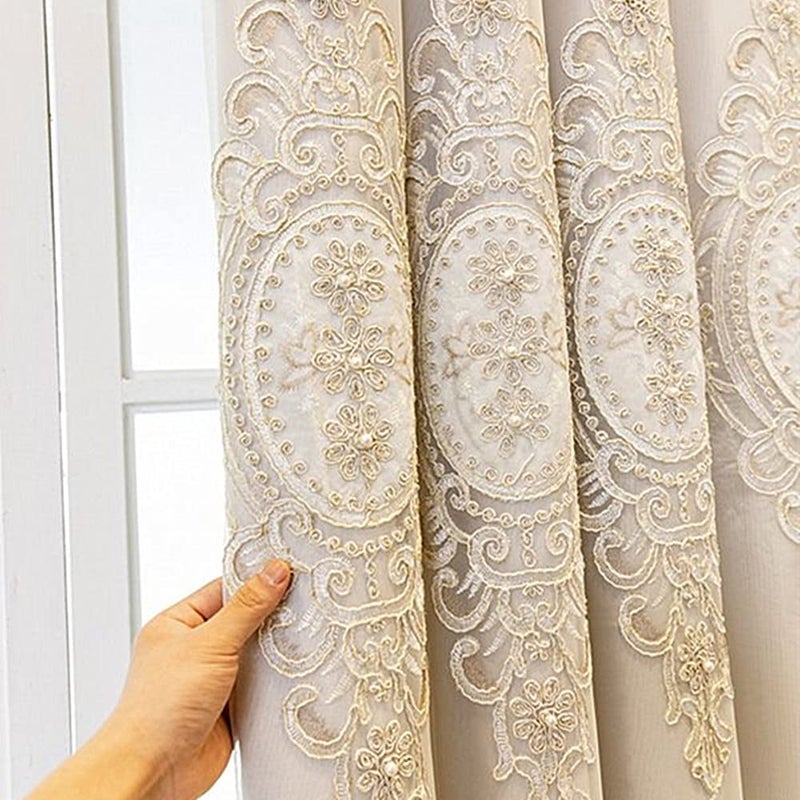 Amidoudou 1 Pair Luxury 3D Flower Embroidered Curtains for Bedroom European Double Layer Curtains with Valances for Living Room (Beige,52x84 Inch) - Image 5