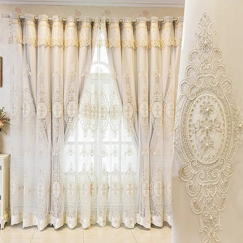 Amidoudou 1 Pair Luxury 3D Flower Embroidered Curtains for Bedroom European Double Layer Curtains with Valances for Living Room (Beige,52x84 Inch) - Image 1
