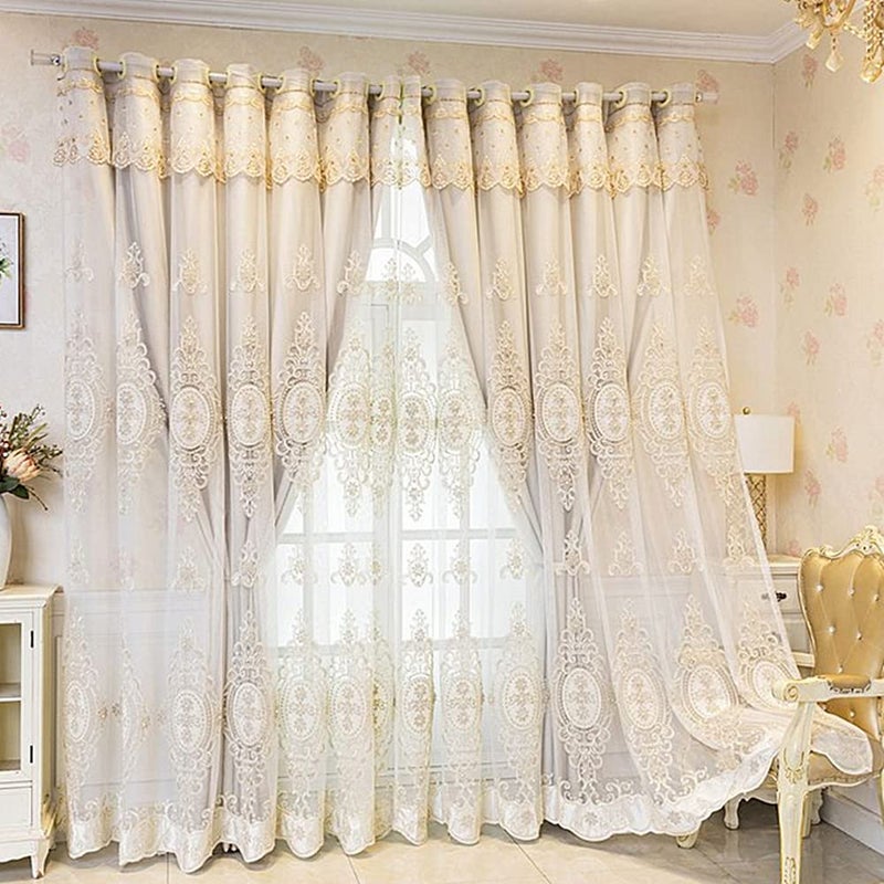 Amidoudou 1 Pair Luxury 3D Flower Embroidered Curtains for Bedroom European Double Layer Curtains with Valances for Living Room (Beige,52x84 Inch) - Image 2