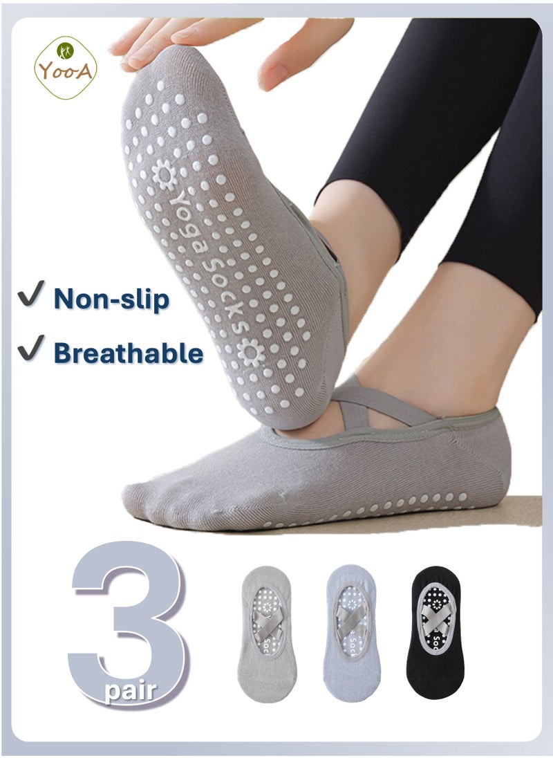 YooA 3-Pair Non-slip Yoga Socks, Cotton Pilates Socks with Straps, Breathable&Moisture-wicking&Machine-washable, Ideal for Yoga/Pilates/Ballet/Dance/Workout (Light Blue+Black+Grey)  - Image 1