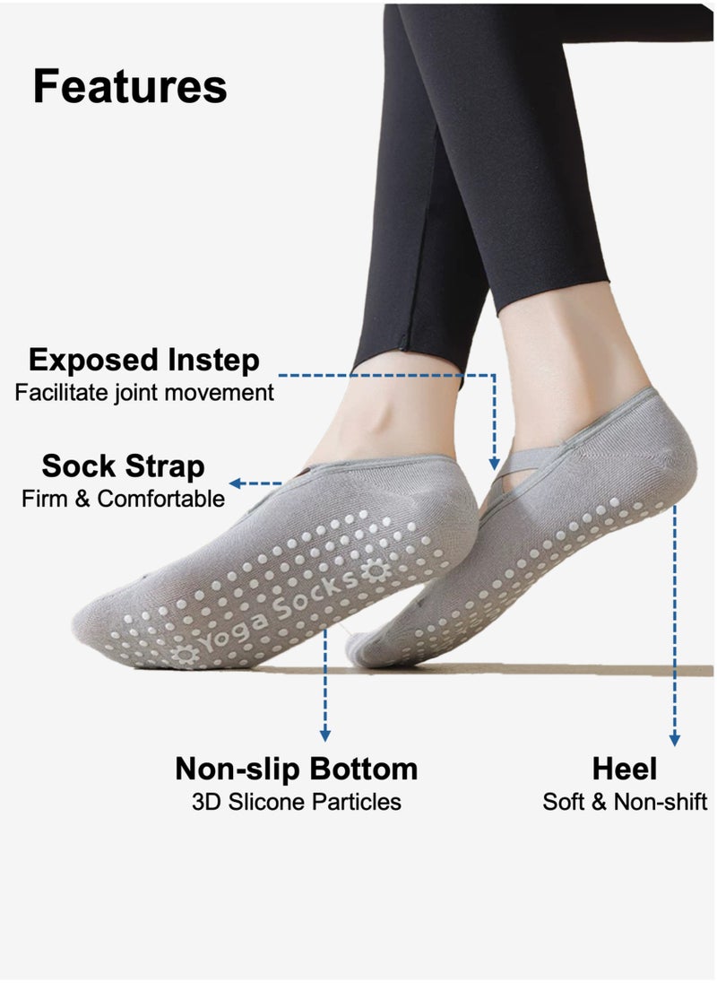 YooA 3-Pair Non-slip Yoga Socks, Cotton Pilates Socks with Straps, Breathable&Moisture-wicking&Machine-washable, Ideal for Yoga/Pilates/Ballet/Dance/Workout (Light Blue+Black+Grey)  - Image 2