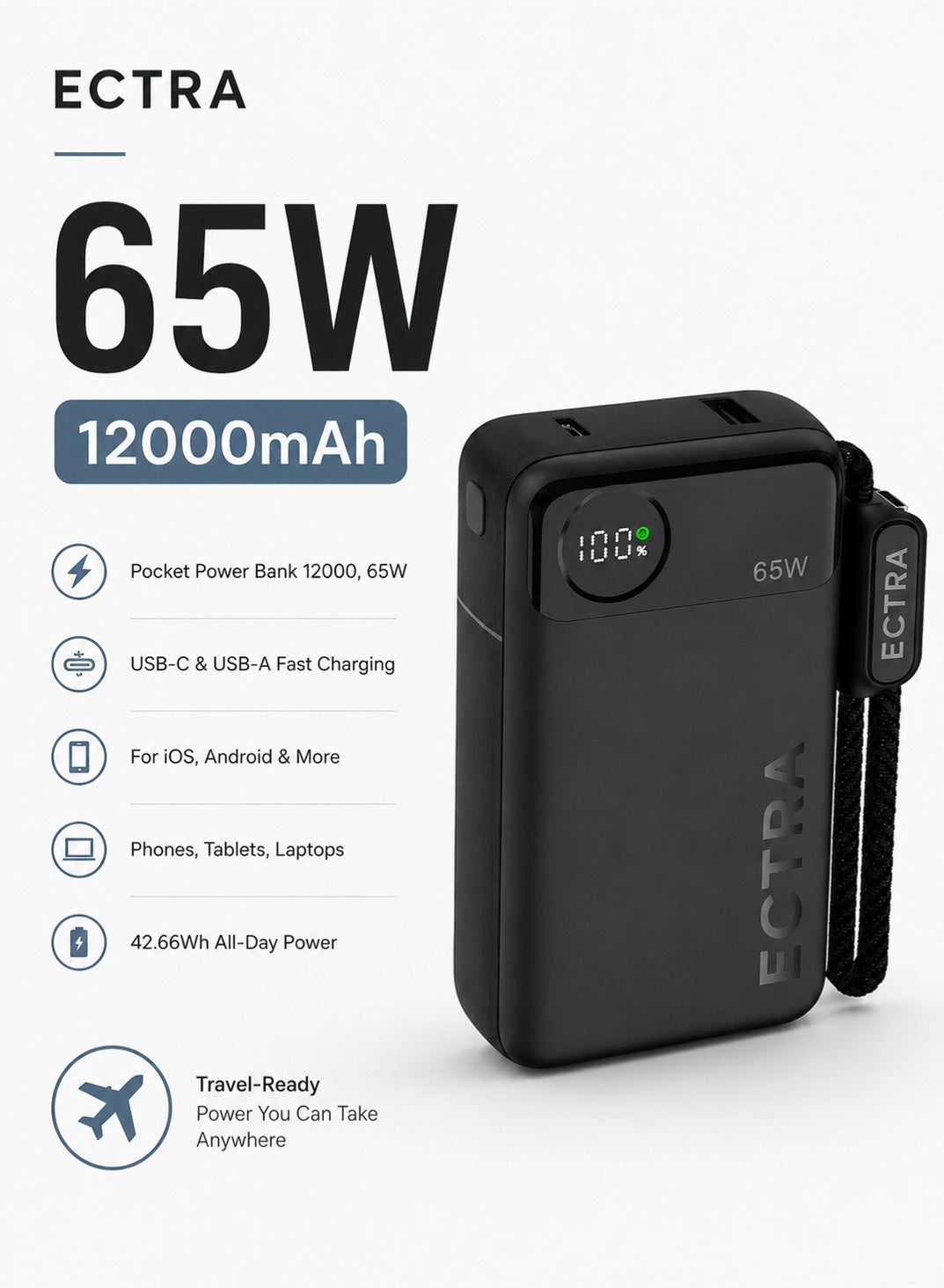 Ectra Ectra Pocket Power Bank 65W 12000mAh Z92B70B706C6EBD310A5EZ