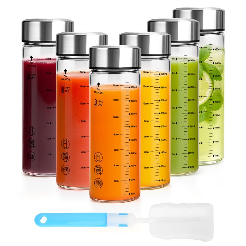 Luxfuel 16 oz Glass Juice Bottles with Lids - 6 Pack Wide Mouth Borosilicate Glass Water Bottles with Stainless Steel Lids for Juicing, Smoothies, Infused Water, Milk, Leakproof & Reusable, BPA-Free - Image 1